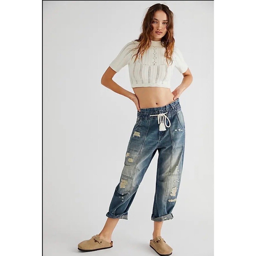 We The Free Free People In My Time Denim Cargo Jeans Distressed Blue XS